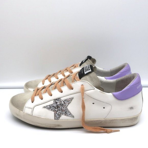 GOLDEN GOOSE SUPERSTAR GLITTER STAR SNEAKERS WHITE/PURPLE LEATHER SIZE 41 - Picture 6 of 11
